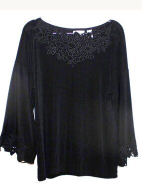 Vintage Y2K Chico's Travelers Black Lace Neck Bell Sleeve Top Size 1 Medium